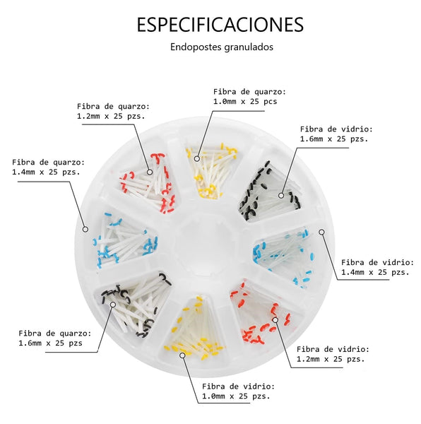 Kit de 200 postes para endodoncia de fibra de vidrio y quarzo